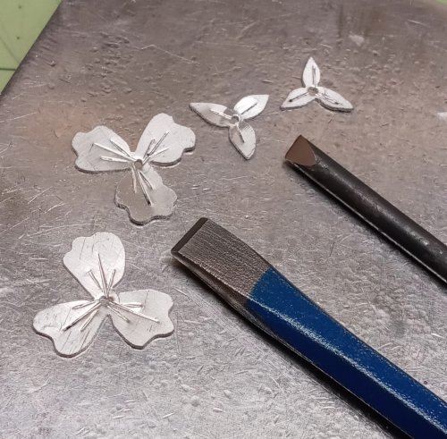 Judy Larson's Three Petal Bud and Layered Embellishment - , Metalwork, Cutting, Cutting Tool, Cutters, Butane Torch, Soldering, Solder, use chisels to stamp lines